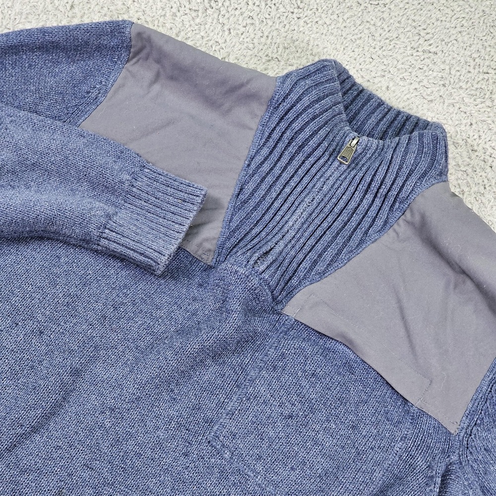 Duluth Trading Sweater Mens Medium Blue Quarter Zip Nylon Shoulder Elbow Patches
